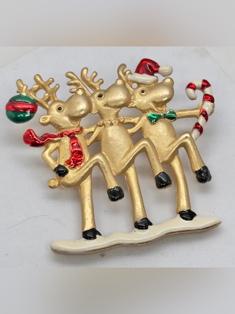 Vintage Danecraft Gold Tone Dancing Reindeer Brooch Pin Enamel Christmas Figural